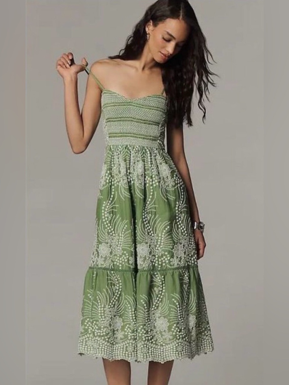 Anthropologie Green Floral Embroidered Midi Dress - XXS